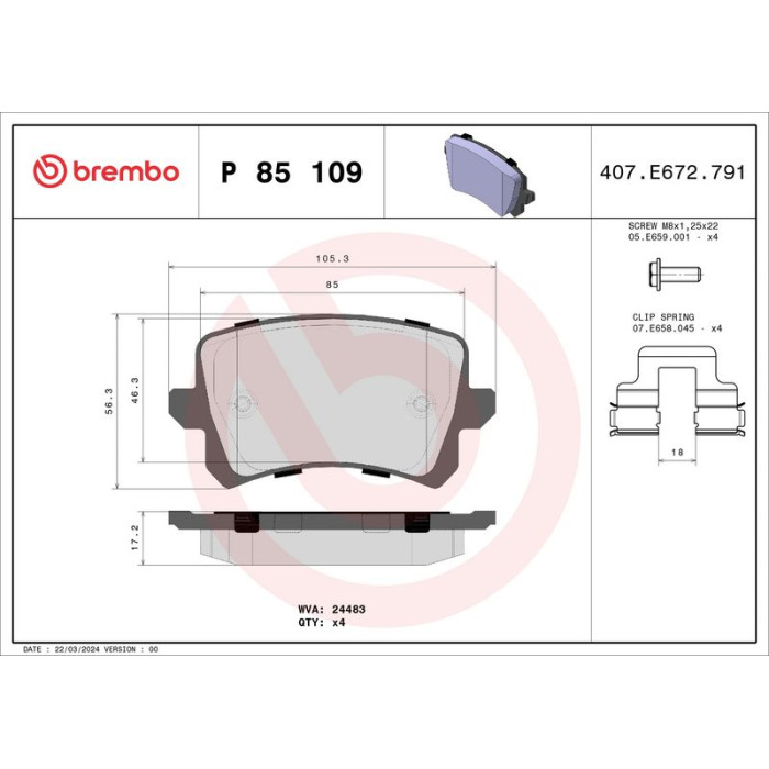 P 85 109 Brembo Prime Bremsbelagsatz Hinterachse – P 85 109 – 106 x 56 x 17 mm – Bremssystem Lucas – OE Nummer 1K0698451L