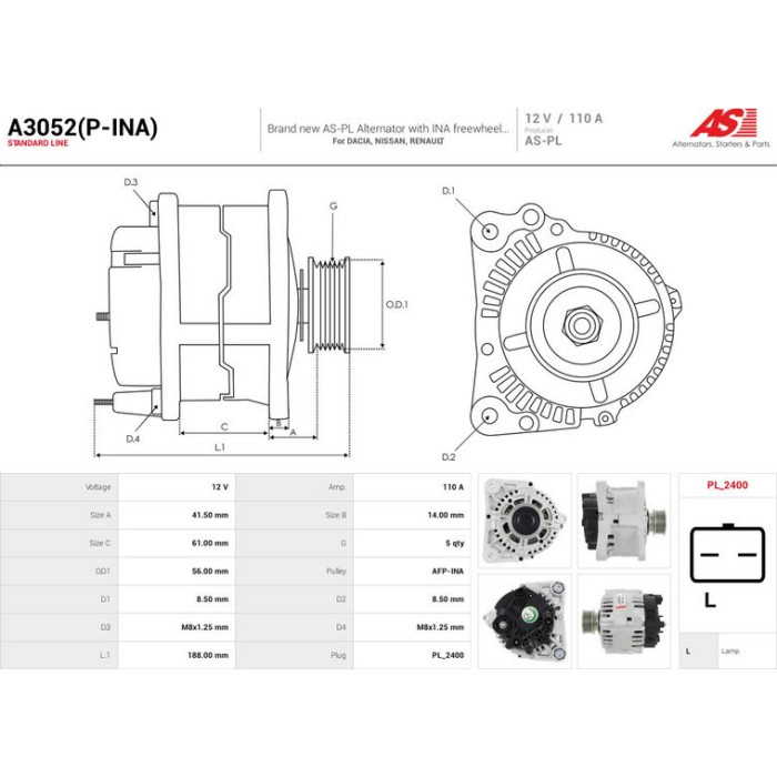 A3052(P-INA) AS-PL Lichtmaschine (Generator) A3052(P-INA) A3052(P-INA) AS-PL Lichtmaschine (Generator) A3052(P-INA)