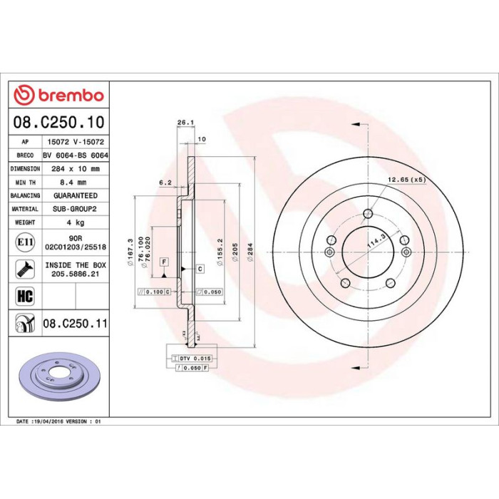 Brembo Bremsscheibe Hinterachse 08.C250.11 Brembo Bremsscheibe Hinterachse 08.C250.11