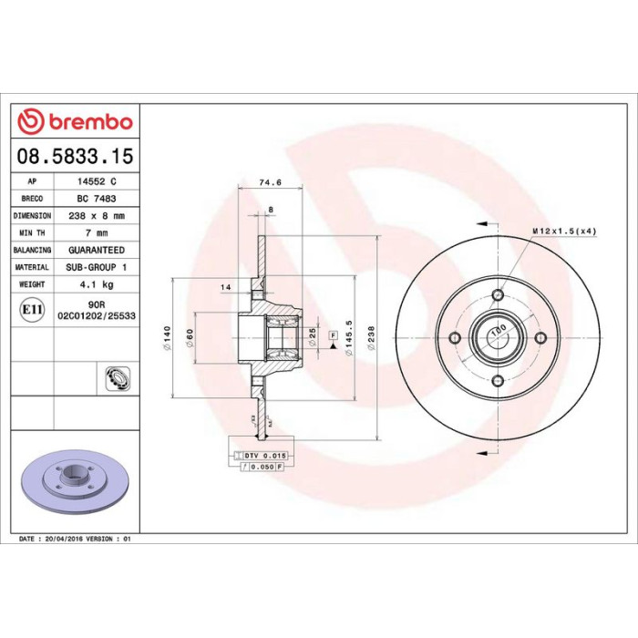 Brembo Bremsscheibe Hinterachse 08.5833.15 Brembo Bremsscheibe Hinterachse 08.5833.15
