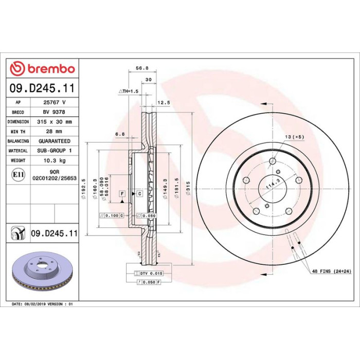 Brembo Bremsscheibe Vorderachse 09.D245.11 Brembo Bremsscheibe Vorderachse 09.D245.11