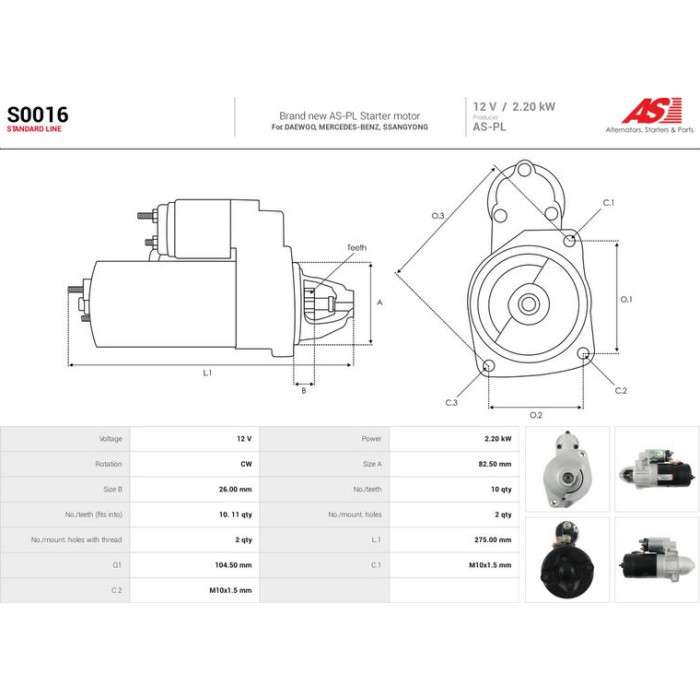 S0016 AS-PL Anlasser (Starter) 12 V 2,2 kW 10 Zähne S0016