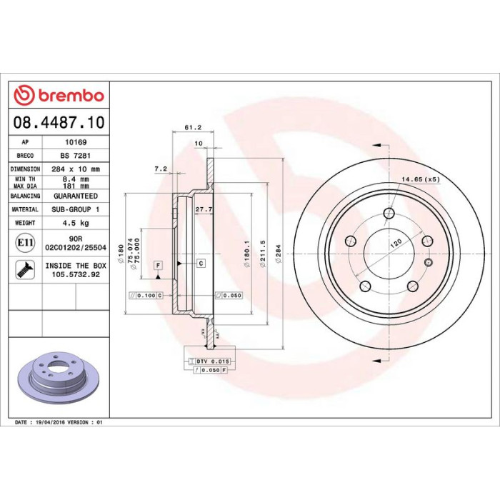 Brembo Bremsscheibe Hinterachse 08.4487.10 Brembo Bremsscheibe Hinterachse 08.4487.10