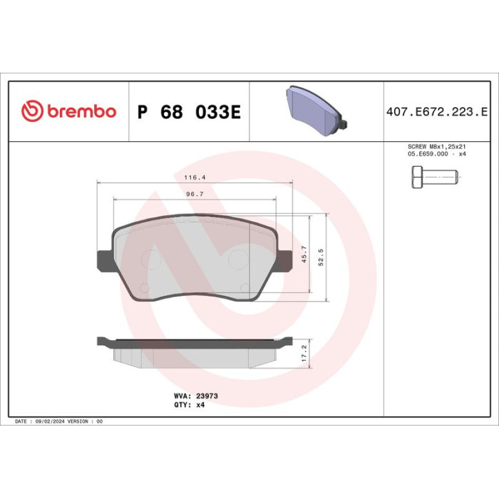 BREMBO Bremsbelagsatz, Scheibenbremse P 68 033E BREMBO Bremsbelagsatz, Scheibenbremse P 68 033E
