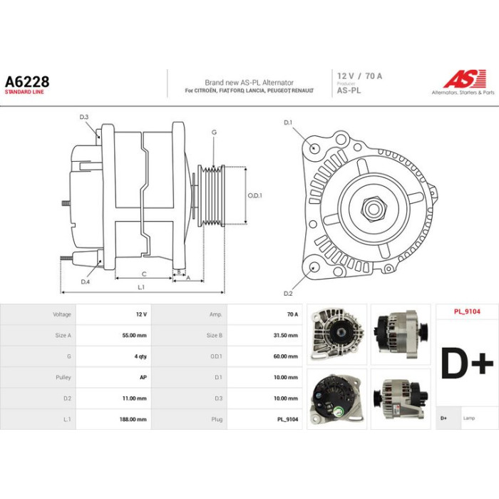 A6228 AS-PL Lichtmaschine (Generator) A6228 A6228 AS-PL Lichtmaschine (Generator) A6228