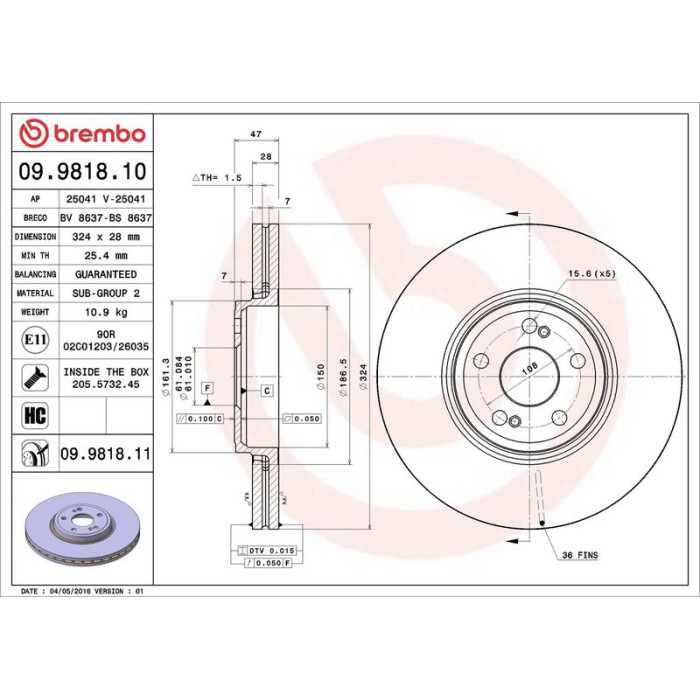 Brembo Bremsscheibe Vorderachse 09.9818.11 Brembo Bremsscheibe Vorderachse 09.9818.11