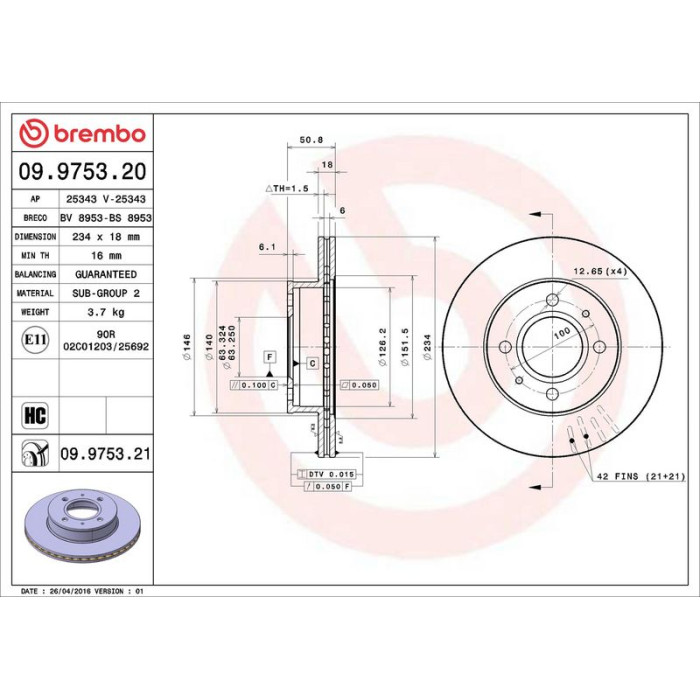 Brembo Bremsscheibe Vorderachse 09.9753.21 Brembo Bremsscheibe Vorderachse 09.9753.21