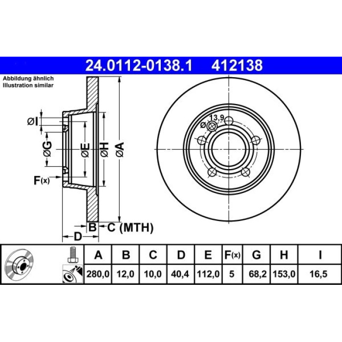 ATE Bremsscheibe VW Hinterachse T4 90-03 24.0112-0138.1 ATE Bremsscheibe VW Hinterachse T4 90-03 24.0112-0138.1