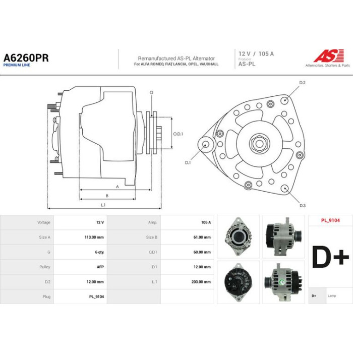 A6260PR AS-PL Lichtmaschine (Generator) A6260PR