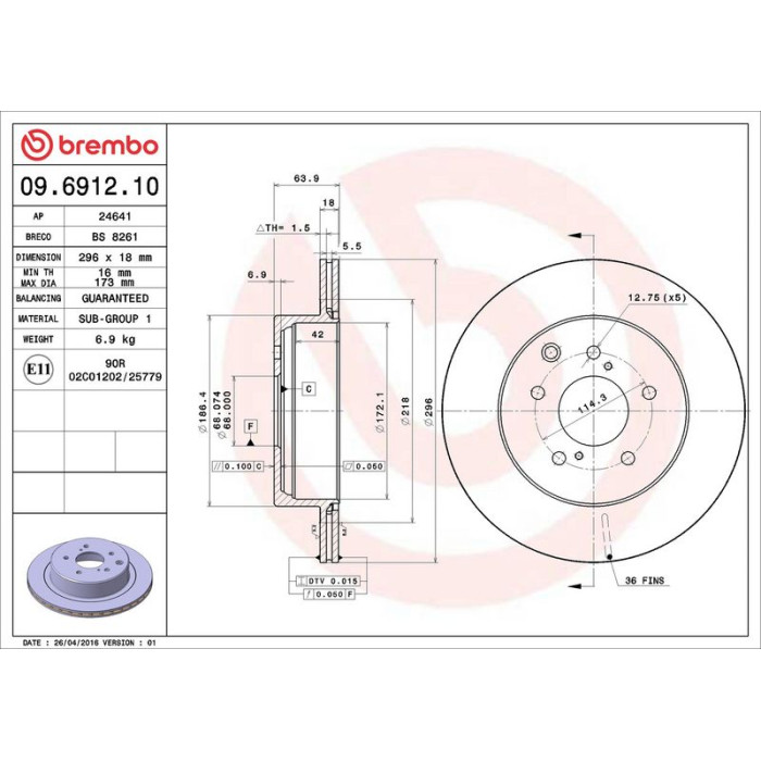 Brembo Bremsscheibe Hinterachse 09.6912.10 Brembo Bremsscheibe Hinterachse 09.6912.10