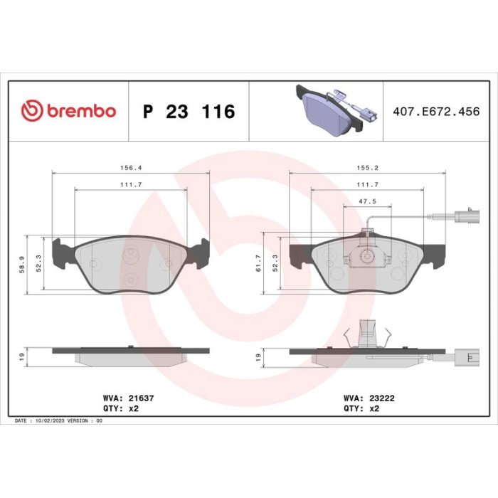 P 23 116 Brembo Prime Bremsbelagsatz Vorderachse – P 23 116 – 155/156 x 59 x 19 mm – Bremssystem Teves – OE Nummer 77362228 P 23 116 Brembo Prime Bremsbelagsatz Vorderachse – P 23 116 – 155/156 x 59 x 19 mm – Bremssystem Teves – OE Nummer 77362228