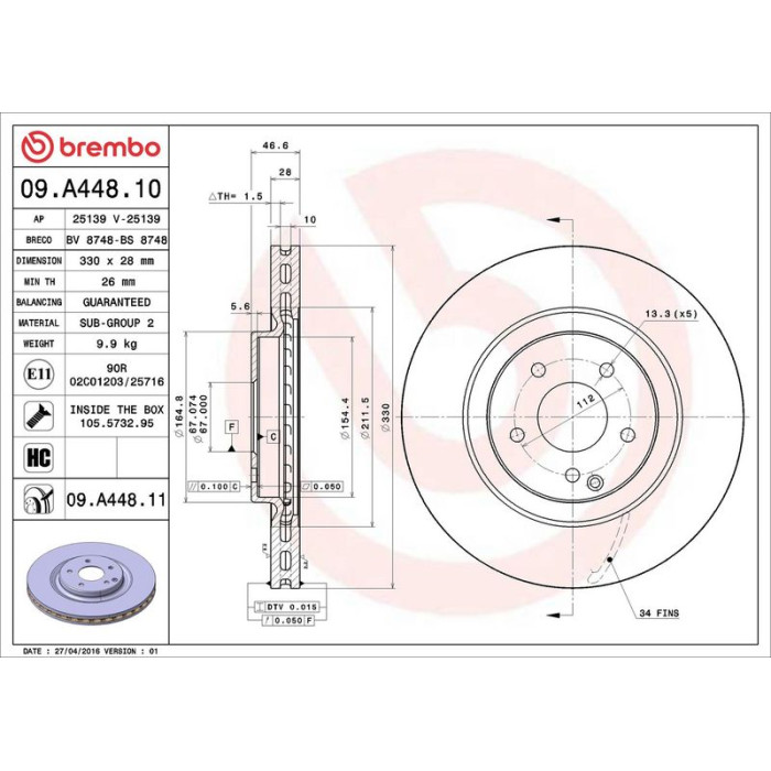 Brembo Bremsscheibe Vorderachse 09.A448.10 Brembo Bremsscheibe Vorderachse 09.A448.10