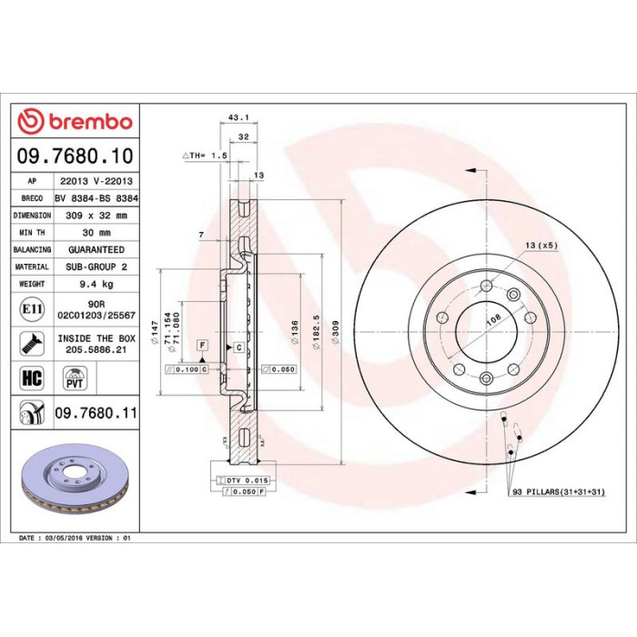 Brembo Bremsscheibe Vorderachse 09.7680.11 Brembo Bremsscheibe Vorderachse 09.7680.11