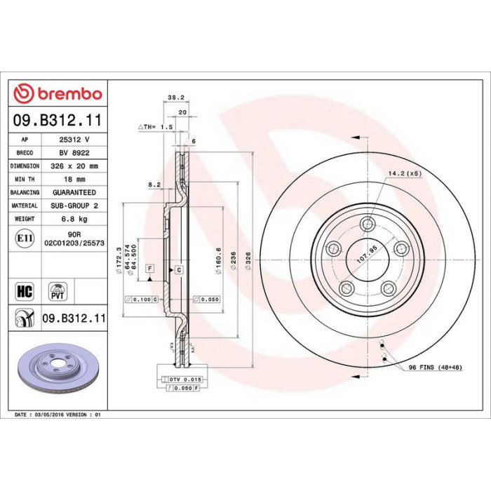 Brembo Bremsscheibe Hinterachse 09.B312.11 Brembo Bremsscheibe Hinterachse 09.B312.11