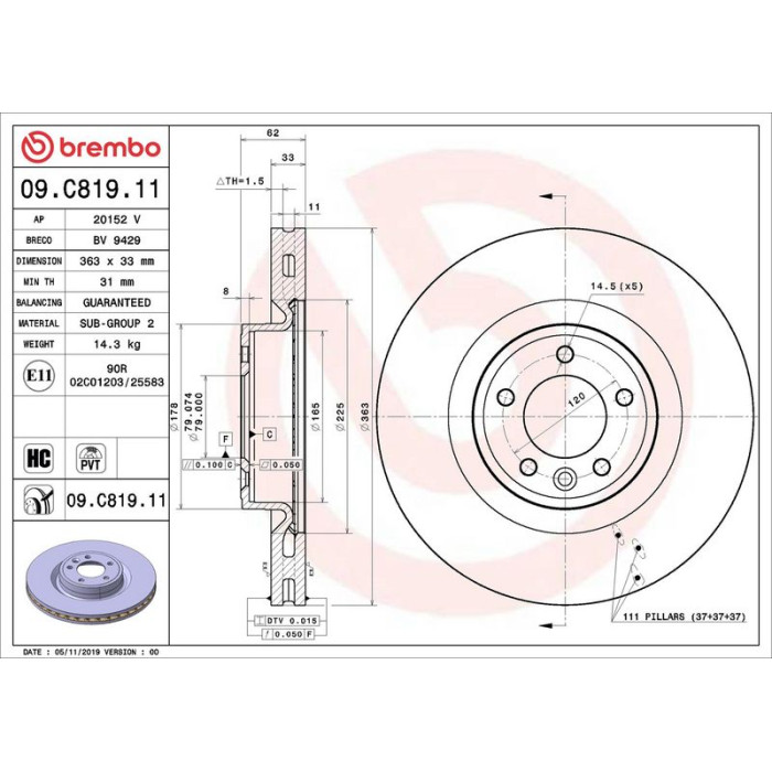 Brembo Bremsscheibe Vorderachse 09.C819.11 Brembo Bremsscheibe Vorderachse 09.C819.11