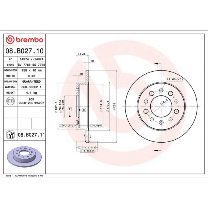 Brembo Bremsscheibe Hinterachse 08.B027.11 Brembo Bremsscheibe Hinterachse 08.B027.11