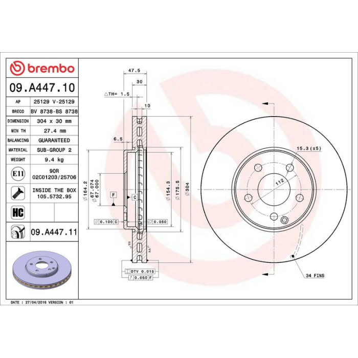 Brembo Bremsscheibe Vorderachse 09.A447.11 Brembo Bremsscheibe Vorderachse 09.A447.11
