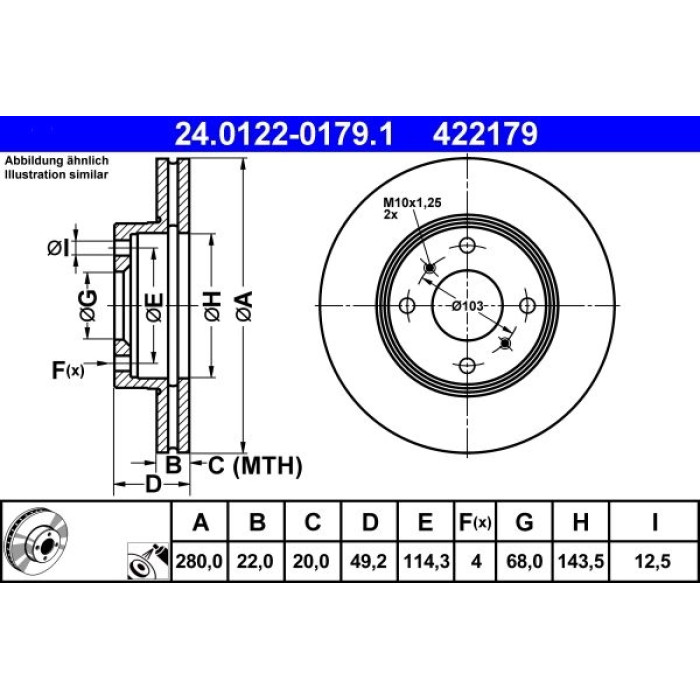 ATE Bremsscheibe Nissan Vorderachse Almera/Primera 96 24.0122-0179.1 ATE Bremsscheibe Nissan Vorderachse Almera/Primera 96 24.0122-0179.1