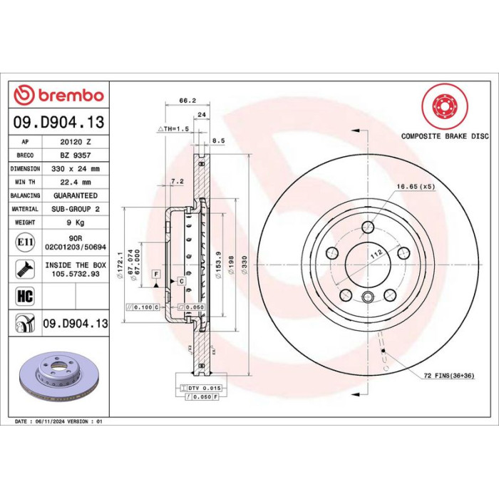Brembo Bremsscheibe Vorderachse 09.D904.13 Brembo Bremsscheibe Vorderachse 09.D904.13