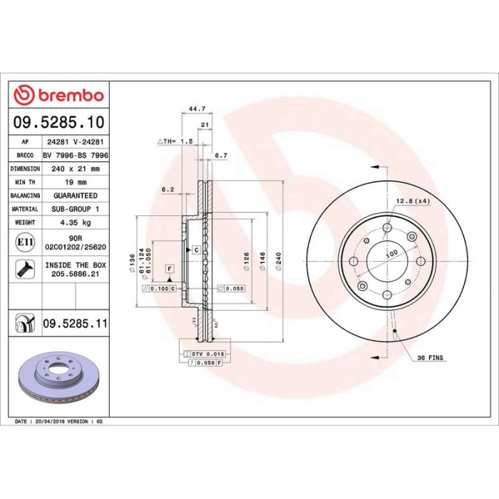 Brembo Bremsscheibe Vorderachse 09.5285.10 Brembo Bremsscheibe Vorderachse 09.5285.10