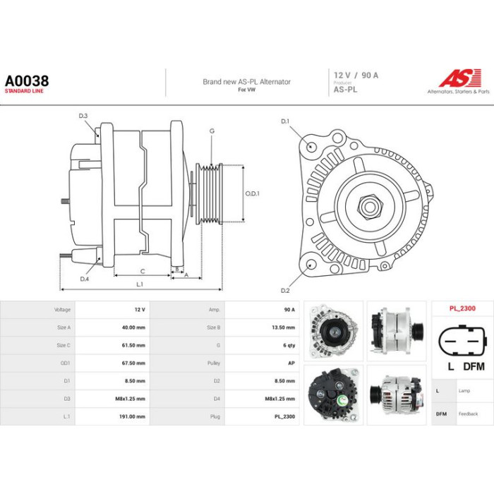 A0038 AS-PL Lichtmaschine (Generator) A0038
