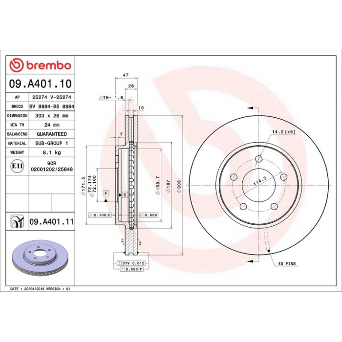 Brembo Bremsscheibe Vorderachse 09.A401.11 Brembo Bremsscheibe Vorderachse 09.A401.11
