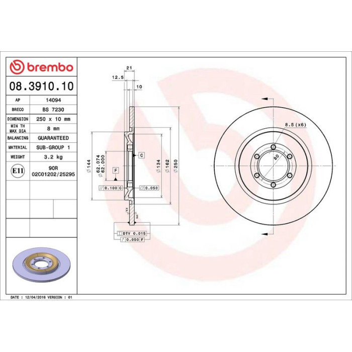 Brembo Bremsscheibe Hinterachse 08.3910.10 Brembo Bremsscheibe Hinterachse 08.3910.10