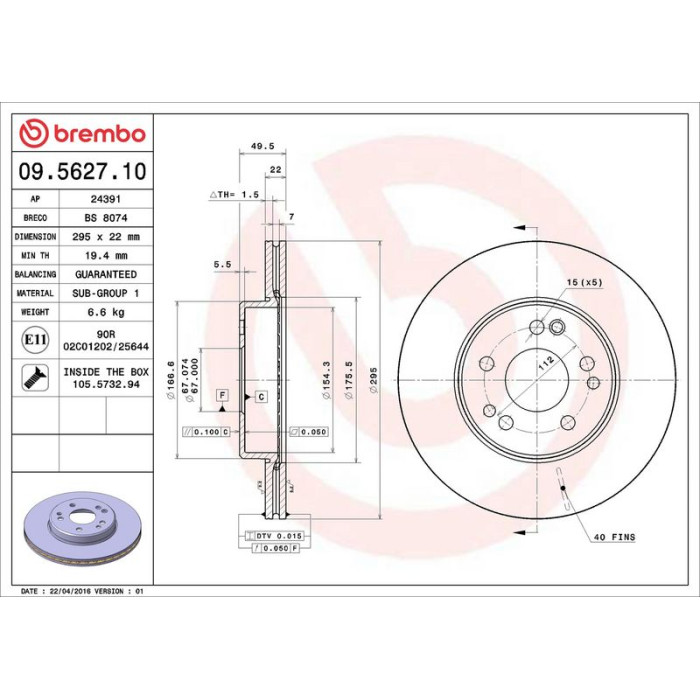 Brembo Bremsscheibe Vorderachse 09.5627.10 Brembo Bremsscheibe Vorderachse 09.5627.10
