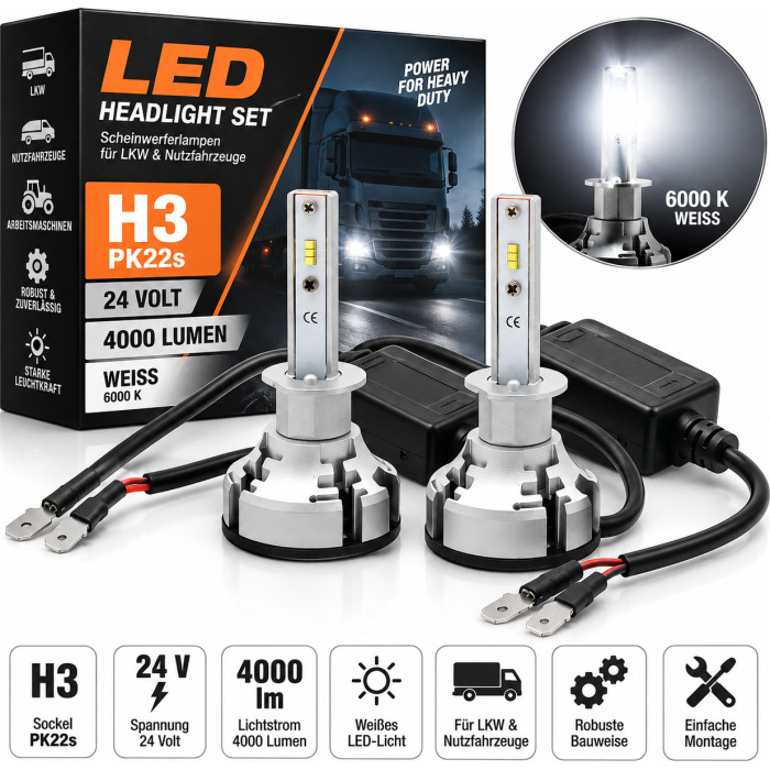 LED Abblendlicht Headlight SET Scheinwerferlampen H3 PK22s 24V Volt 4000 Lumen Weiß LED Abblendlicht Headlight SET Scheinwerferlampen H3 PK22s 24V Volt 4000 Lumen Weiß