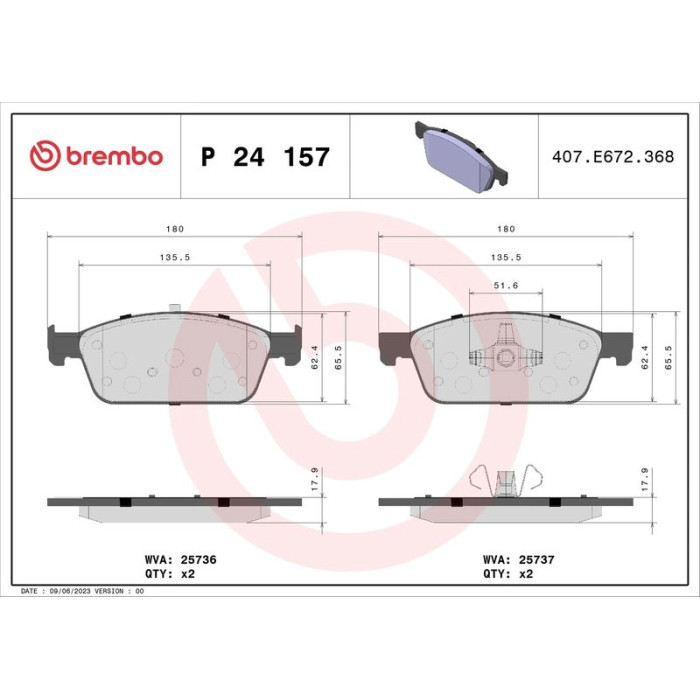 P 24 157 Brembo Prime Bremsbelagsatz Vorderachse – P 24 157 – 180 x 65 x 18 mm – Bremssystem Teves – OE Nummer 1775091 P 24 157 Brembo Prime Bremsbelagsatz Vorderachse – P 24 157 – 180 x 65 x 18 mm – Bremssystem Teves – OE Nummer 1775091