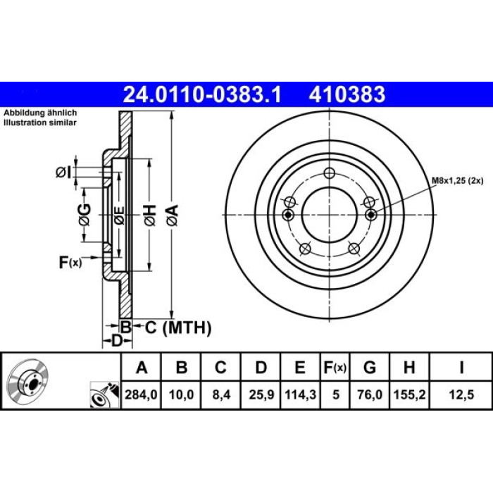 ATE Bremsscheibe Hyundai Hinterachse I30 1.4-1.6 11 24.0110-0383.1
