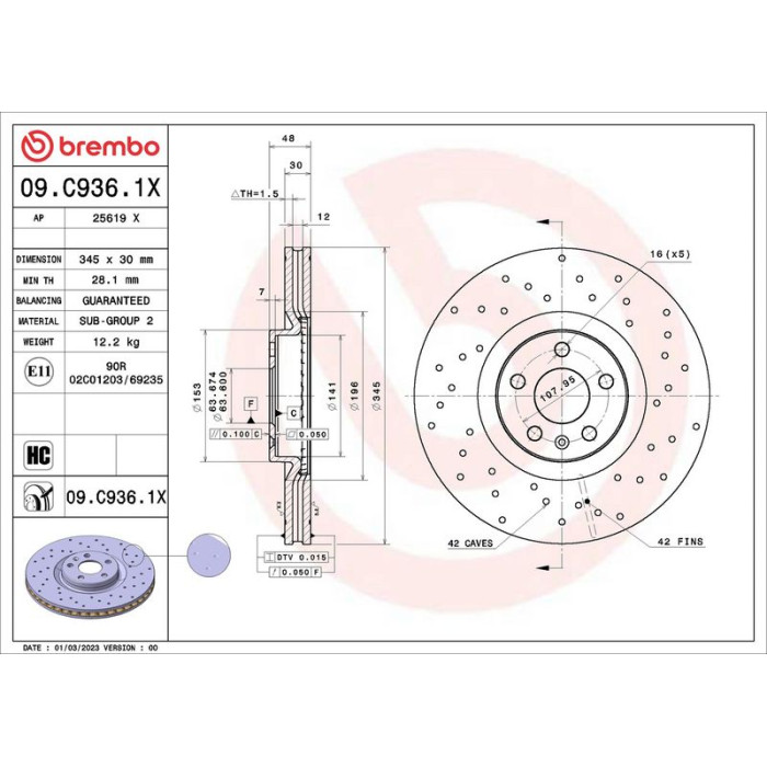 Brembo Bremsscheibe Vorderachse Xtra 09.C936.1X Brembo Bremsscheibe Vorderachse Xtra 09.C936.1X