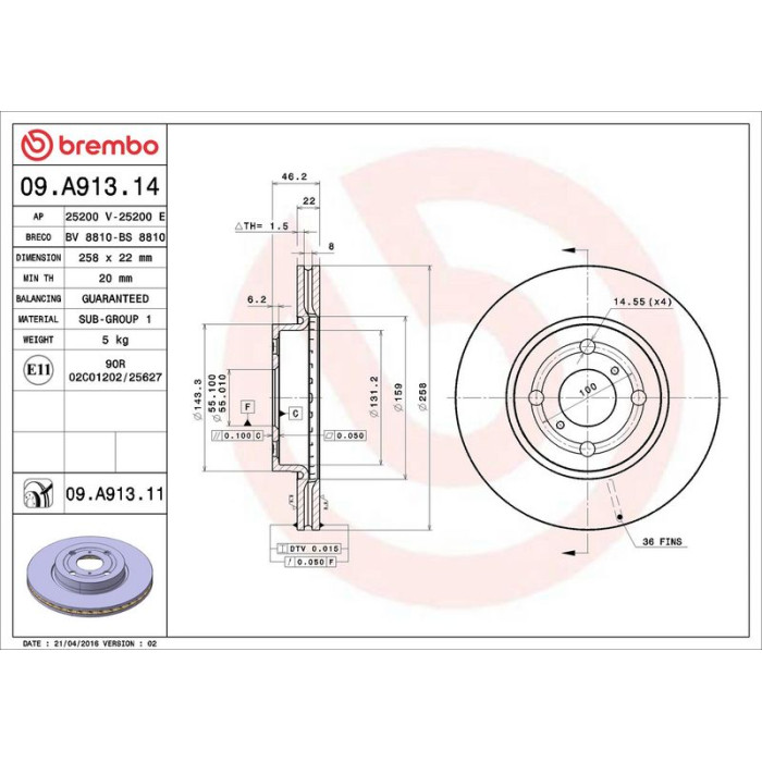 Brembo Bremsscheibe Vorderachse 09.A913.14