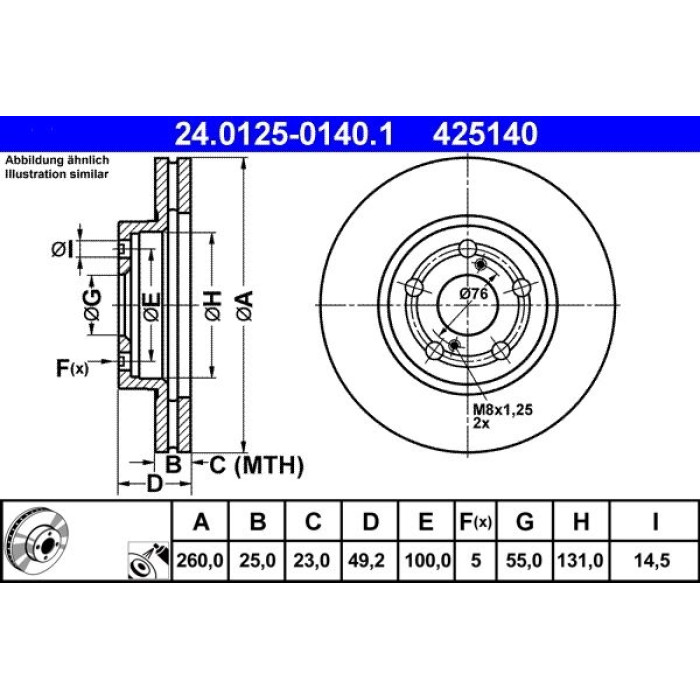ATE Bremsscheibe Toyota Vorderachse Avensis 1.6-2.0 97-03 24.0125-0140.1 ATE Bremsscheibe Toyota Vorderachse Avensis 1.6-2.0 97-03 24.0125-0140.1