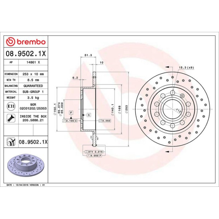 Brembo Bremsscheibe Hinterachse Xtra 08.9502.1X Brembo Bremsscheibe Hinterachse Xtra 08.9502.1X