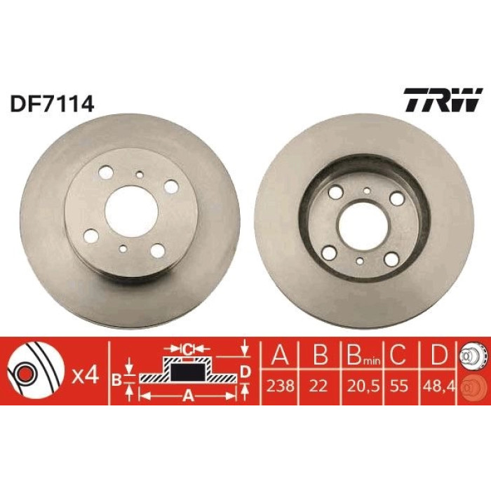 TRW Bremsscheibe Toyota Corolla 1.4-1.8 91-02 DF7114 TRW Bremsscheibe Toyota Corolla 1.4-1.8 91-02 DF7114