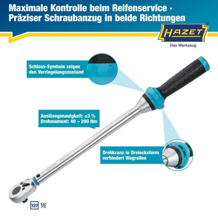 Hazet Drehmomentschlüssel 5122-3Ct Min.Max. Nm: 40-200 Nm Toleranz: 3 % Vierkantstift, Massiv 12,5 mm (1/2'') 5122-3CT