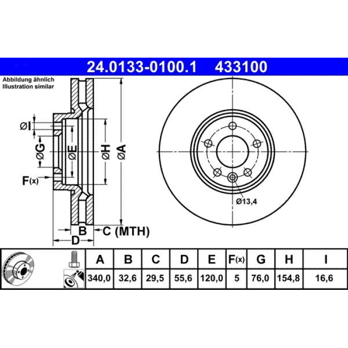 ATE Bremsscheibe VW Vorderachse Multivan/T5/T6 03 24.0133-0100.1 ATE Bremsscheibe VW Vorderachse Multivan/T5/T6 03 24.0133-0100.1