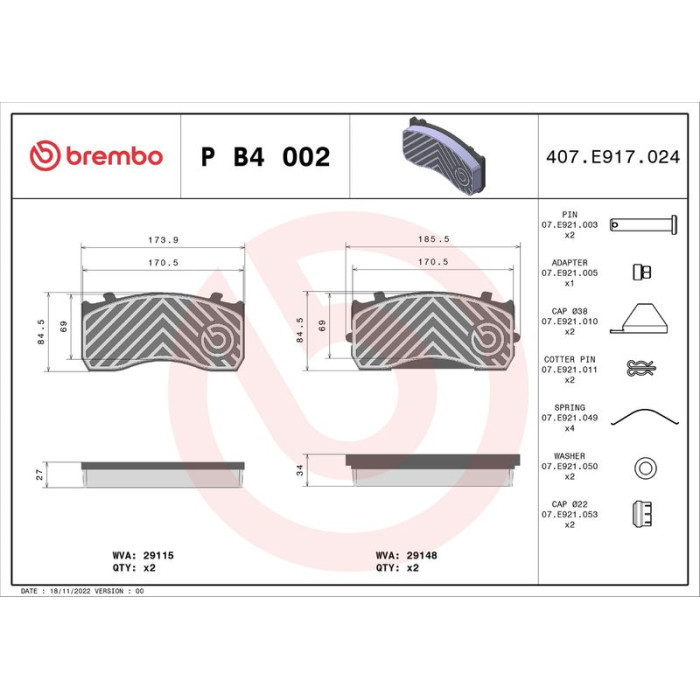 BREMBO Bremsbelagsatz, Scheibenbremse P B4 002 BREMBO Bremsbelagsatz, Scheibenbremse P B4 002