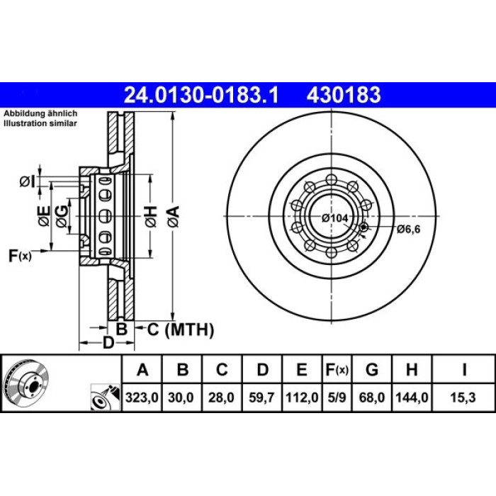 ATE Bremsscheibe Audi Vorderachse A6/A8 2.5-4.2Tdi/2.8-6.0 94-10 24.0130-0183.1 ATE Bremsscheibe Audi Vorderachse A6/A8 2.5-4.2Tdi/2.8-6.0 94-10 24.0130-0183.1