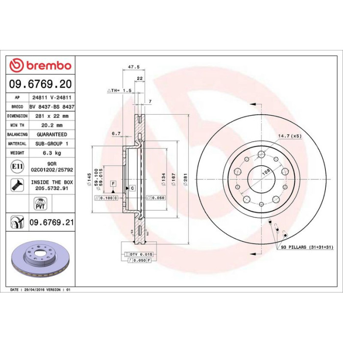 Brembo Bremsscheibe Hinterachse 09.6769.21 Brembo Bremsscheibe Hinterachse 09.6769.21