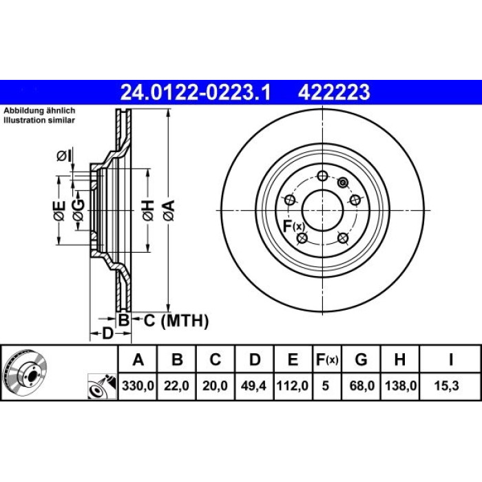 ATE Bremsscheibe Audi Hinterachse A6 2.0-4.2 04-11 24.0122-0223.1 ATE Bremsscheibe Audi Hinterachse A6 2.0-4.2 04-11 24.0122-0223.1