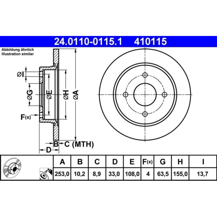 ATE Bremsscheibe Ford Hinterachse Fiesta/Focus 98 24.0110-0115.1 ATE Bremsscheibe Ford Hinterachse Fiesta/Focus 98 24.0110-0115.1