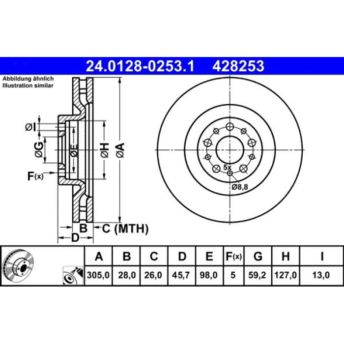ATE Bremsscheibe Fiat Vorderachse Doblo 1.3-2.0 D 10 24.0128-0253.1 ATE Bremsscheibe Fiat Vorderachse Doblo 1.3-2.0 D 10 24.0128-0253.1