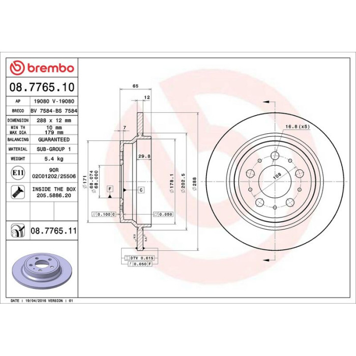 Brembo Bremsscheibe Hinterachse 08.7765.11 Brembo Bremsscheibe Hinterachse 08.7765.11