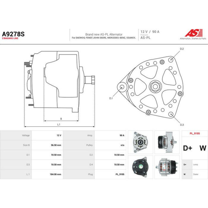 A9278S AS-PL Lichtmaschine (Generator) A9278S A9278S AS-PL Lichtmaschine (Generator) A9278S