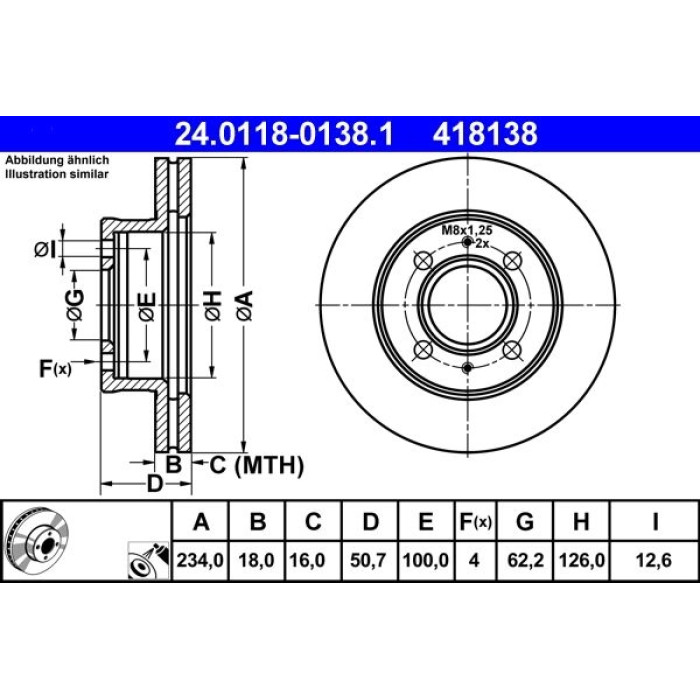 ATE Bremsscheibe Hyundai Vorderachse Atos 1.0-1.1 97-08 24.0118-0138.1