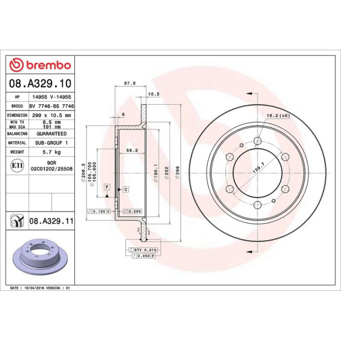 Brembo Bremsscheibe Hinterachse 08.A329.11 Brembo Bremsscheibe Hinterachse 08.A329.11