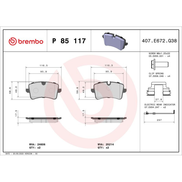 P 85 117 Brembo Prime Bremsbelagsatz Hinterachse – P 85 117 – 117 x 59 x 16 mm – Bremssystem Lucas – OE Nummer 4H0698451A P 85 117 Brembo Prime Bremsbelagsatz Hinterachse – P 85 117 – 117 x 59 x 16 mm – Bremssystem Lucas – OE Nummer 4H0698451A