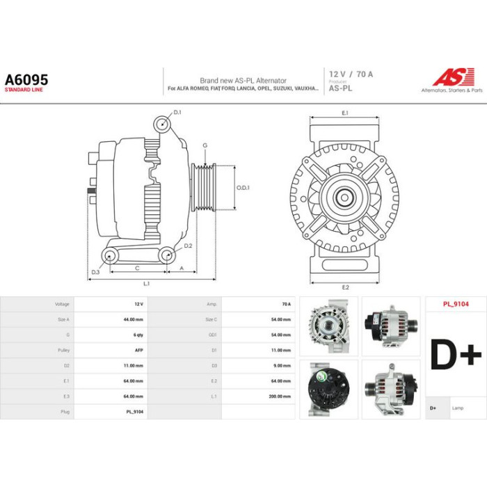 A6095 AS-PL Lichtmaschine (Generator) A6095 A6095 AS-PL Lichtmaschine (Generator) A6095